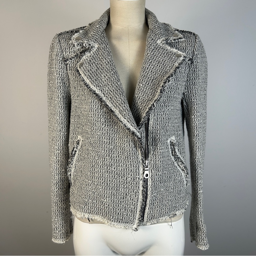 Rebecca Taylor Grey Tweed Moto Jacket - Frayed Edges & Leather Trim Sz 12